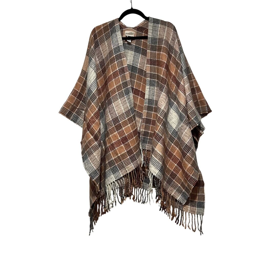 Universal Thread Plaid Fringe Shawl Ruana Poncho Size O/S Boho Lagenlook Cozy